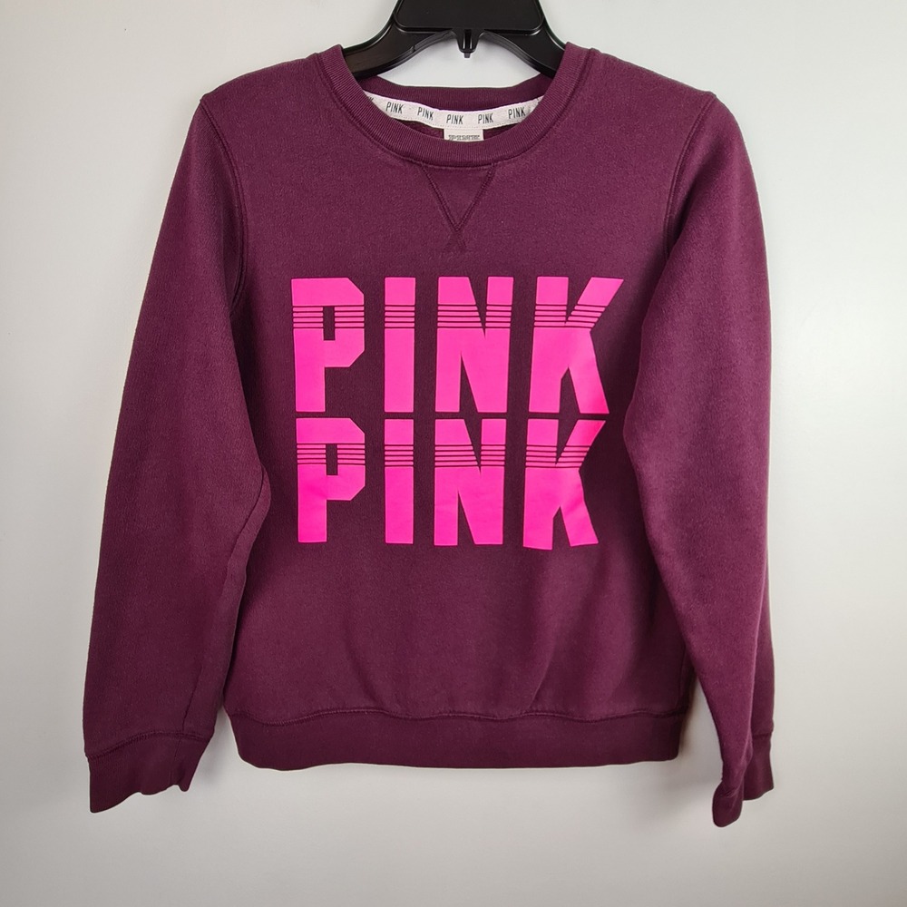 PINK Victoria's Secret Maroon Crewneck Sweatshirt Neon Pink Logo XS Casual Comfy